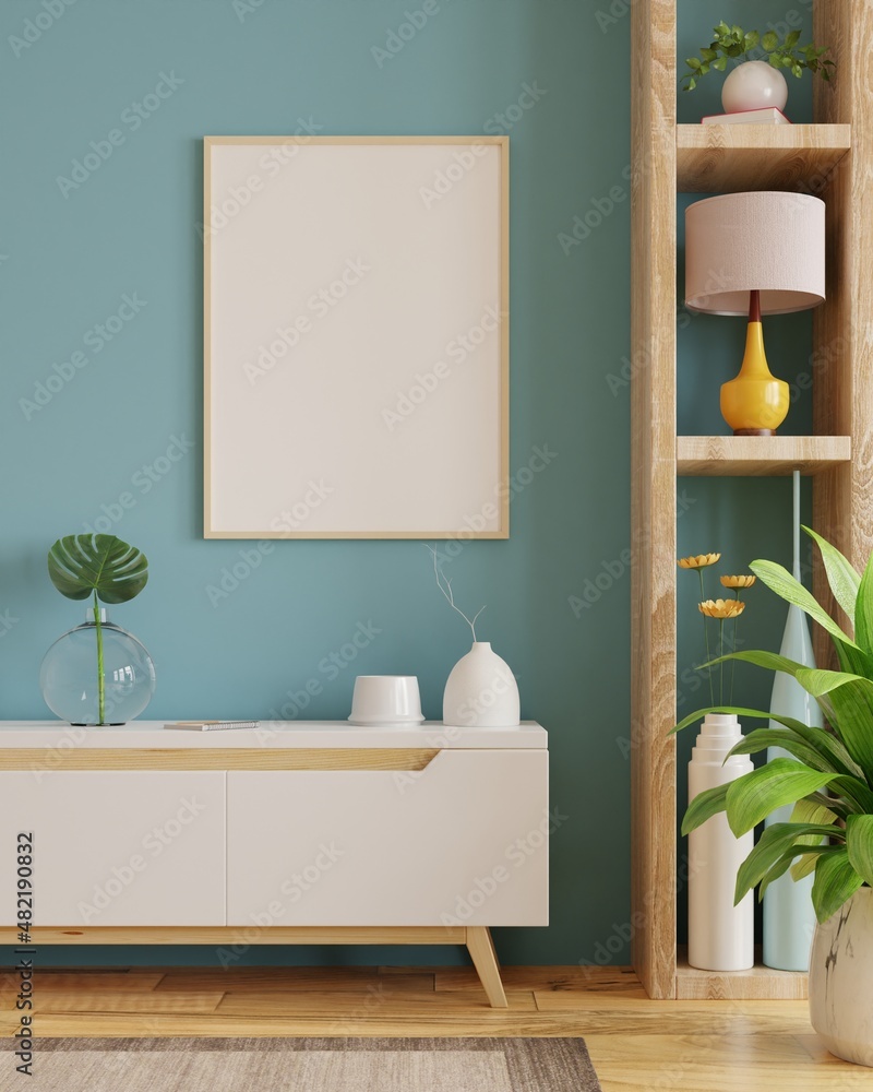 蓝色墙壁的极简主义室内背景模型海报框架。
