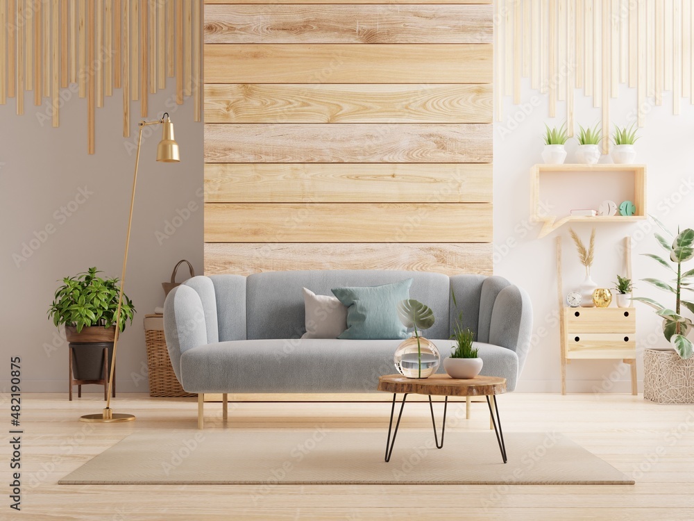 现代空房间的沙发，木墙后面。