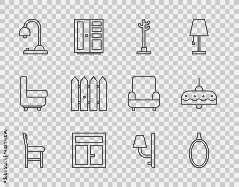 固定线椅子、镜子、衣帽架、房间窗户、台灯、花园围栏木、壁灯