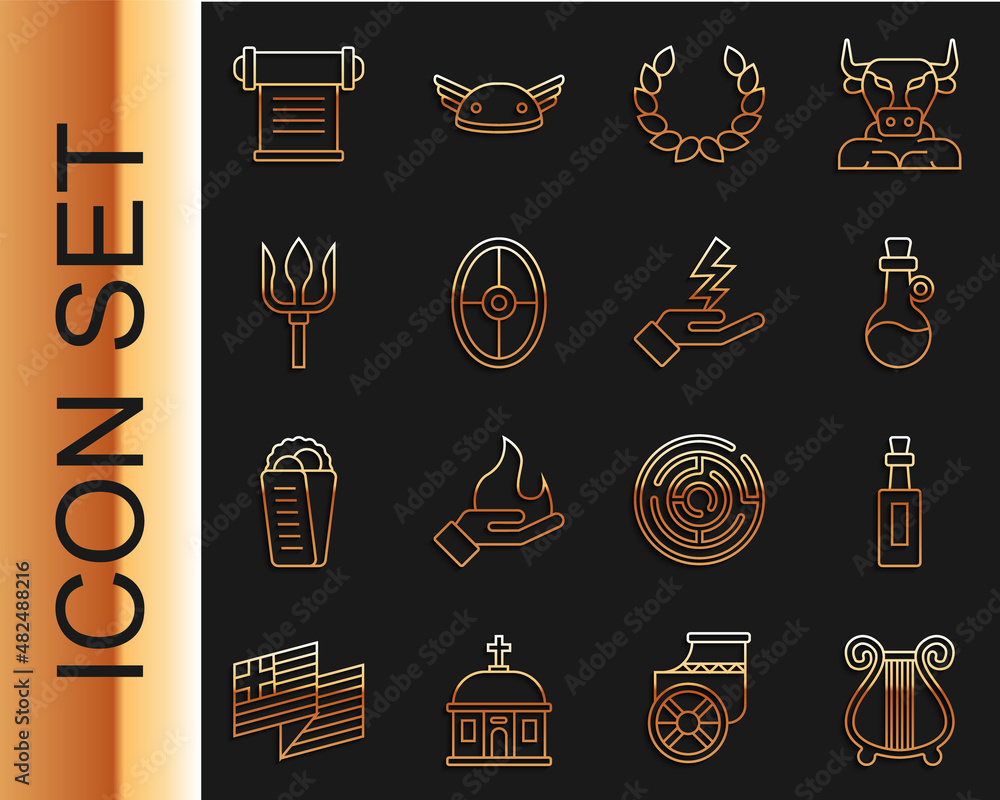 设定线古代七弦琴，橄榄油瓶，月桂花环，希腊盾，海王星三叉戟，法令，pa