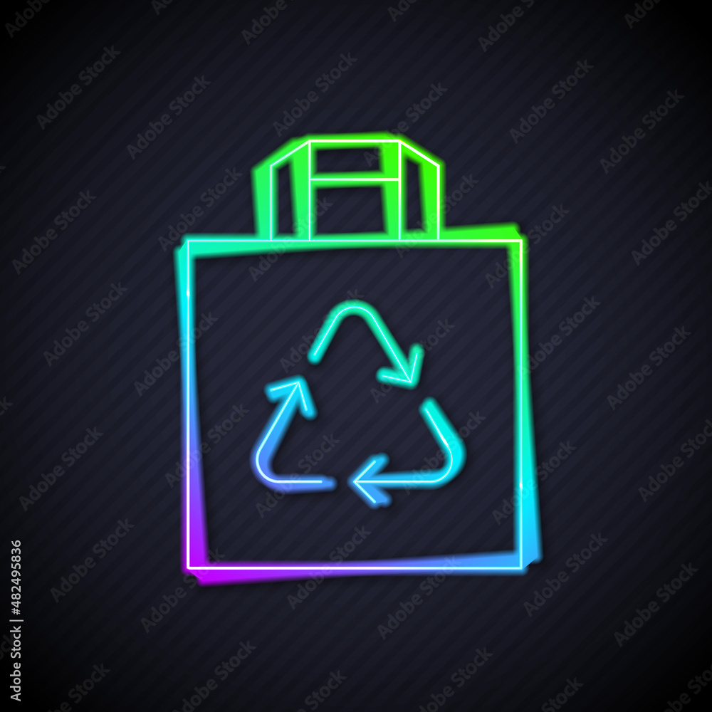 闪闪发光的霓虹灯线黑色背景上隔离回收图标的纸质购物袋。带回收物的袋子