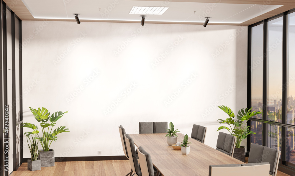 明亮的木制办公室里的空白墙模型，窗户和阳光透过。空荡荡的公司会议