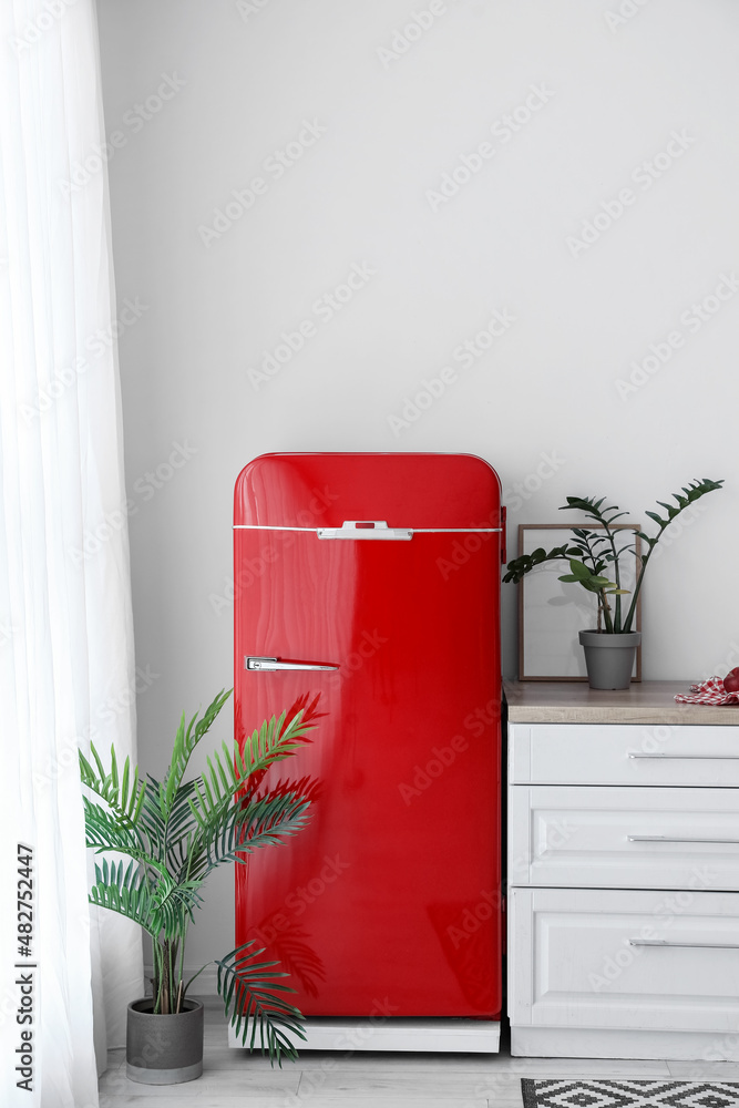 时尚的红色冰箱、室内植物和厨房白墙附近的柜台