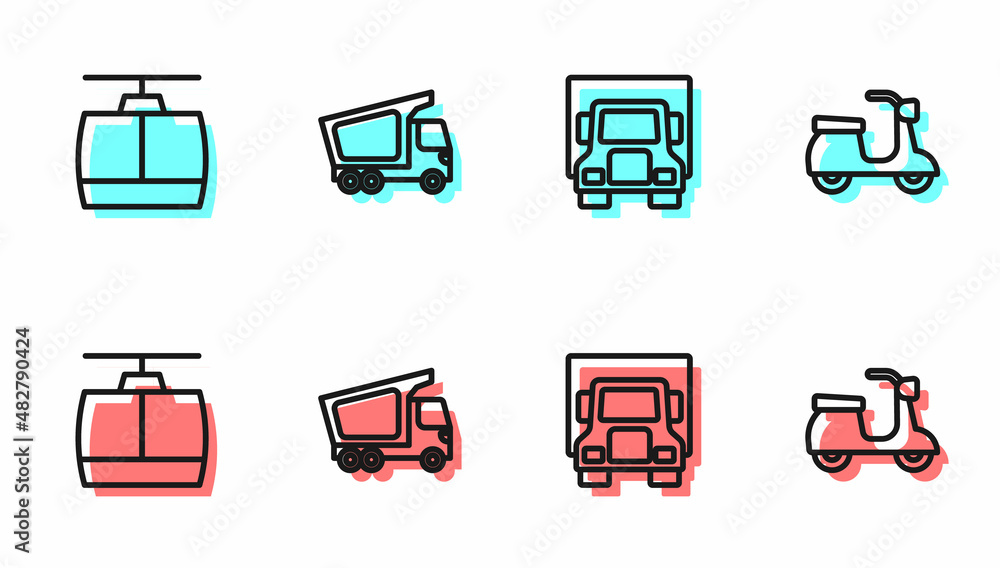 Set line Delivery cargo truck, Cable, and Scooter icon. Vector