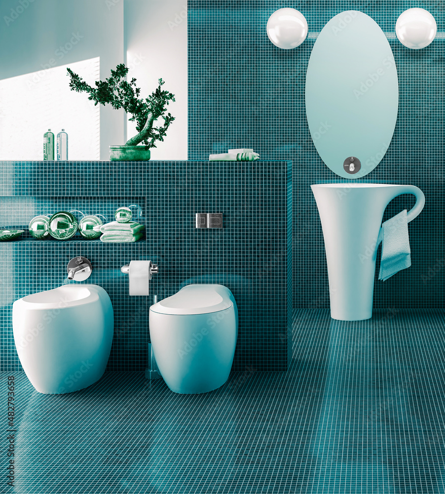 带Tililette和水槽的现代浴室布置-3D可视化