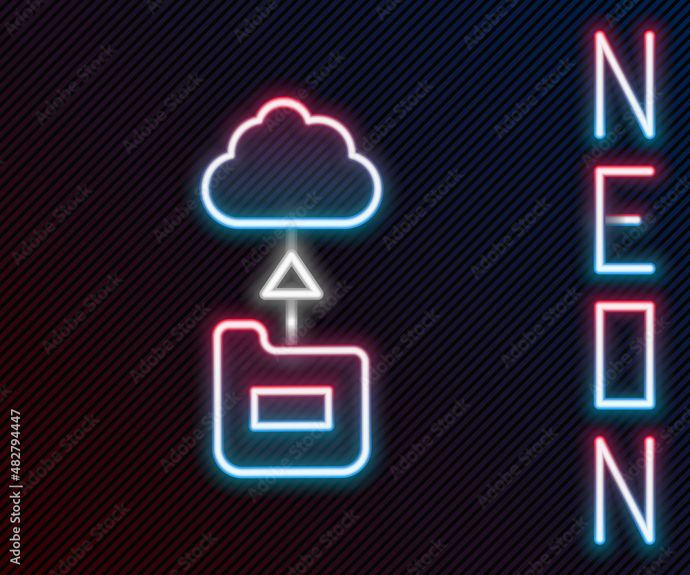 Glowing neon line Cloud technology data transfer and storage icon isolated on black background. Colo