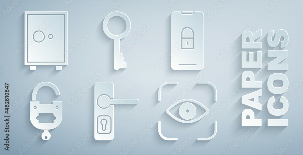 设置门把手，带闭合挂锁的移动设备，锁钥匙，眼睛扫描，旧的和安全的图标。矢量