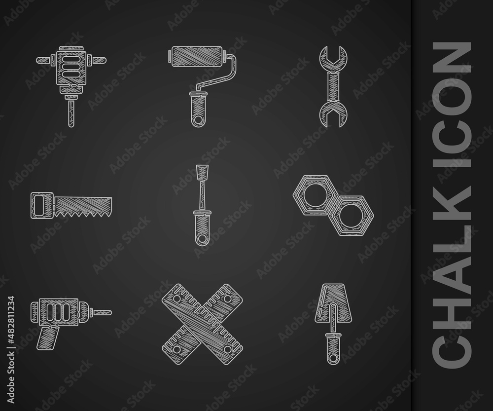 螺丝刀、十字尺、镘刀、六角金属螺母、电钻、手锯、扳手