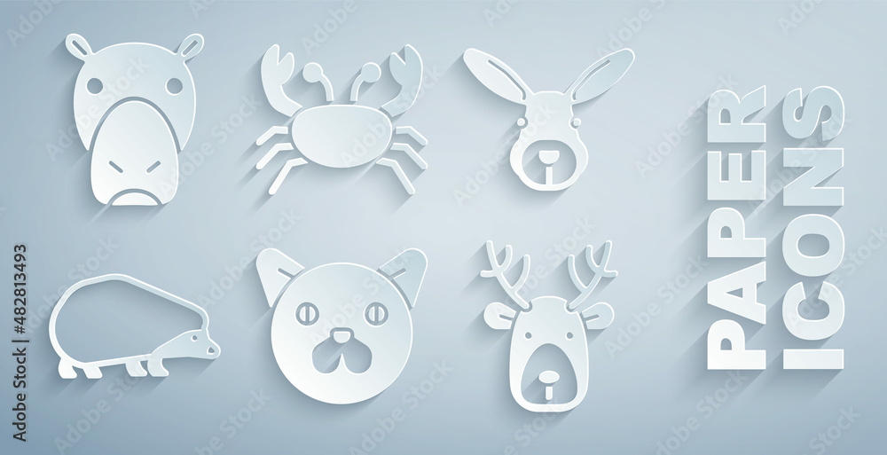 Set Cat, Rabbit head, Hedgehog, Deer with antlers, Crab and Hippo or Hippopotamus icon. Vector