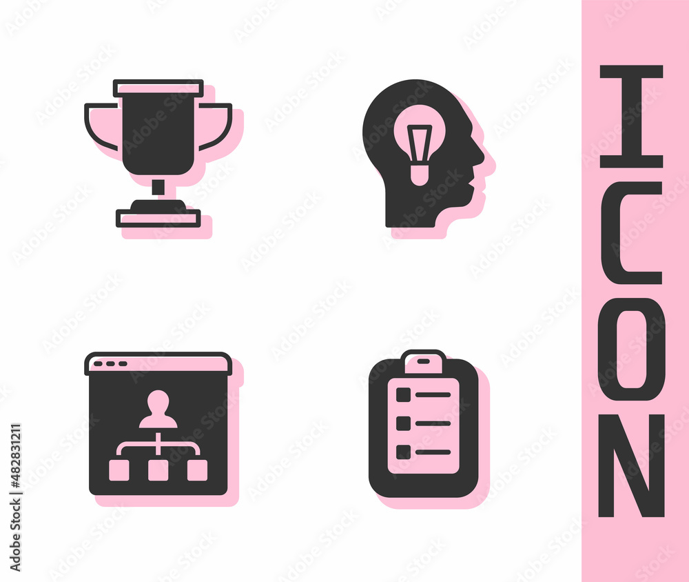Set To do list or planning, Award cup, Online education and Human with lamp bulb icon. Vector