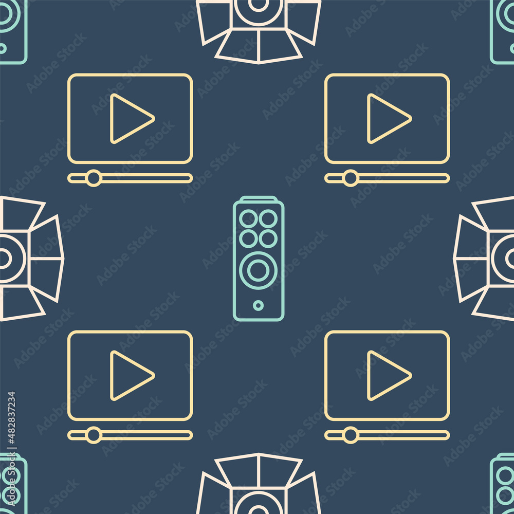 Set line Movie spotlight, Online play video and Remote control on seamless pattern. Vector