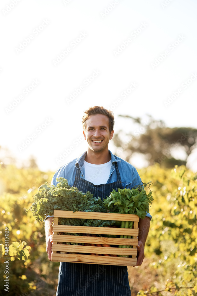Know where your food come from. Shot of a young man holding a crate full of freshly picked produce o