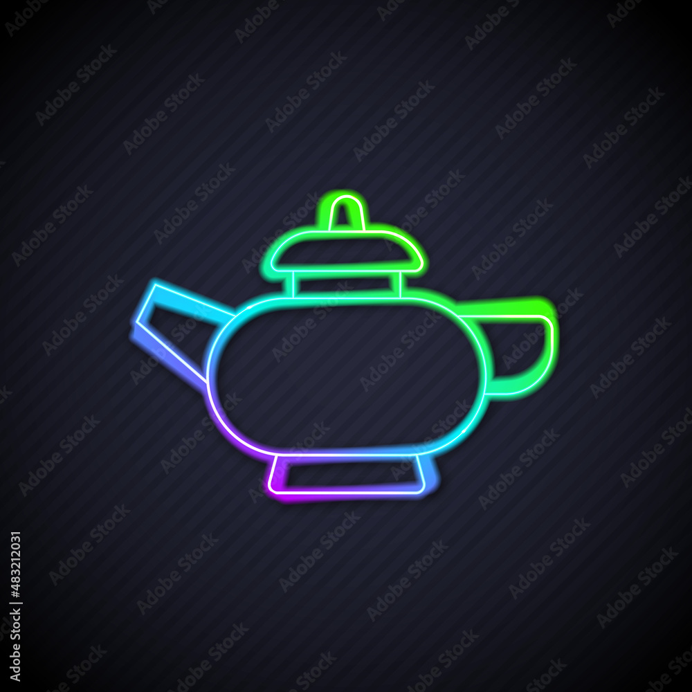 Glowing neon line Traditional Chinese tea ceremony icon isolated on black background. Teapot with cu