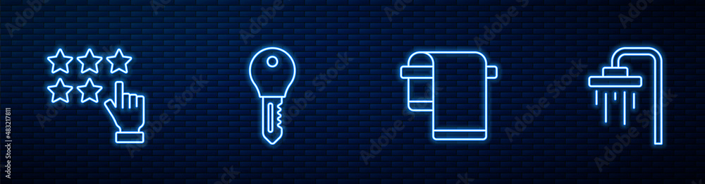 Set line Towel on hanger, Stars rating, Hotel door lock key and Shower. Glowing neon icon on brick w