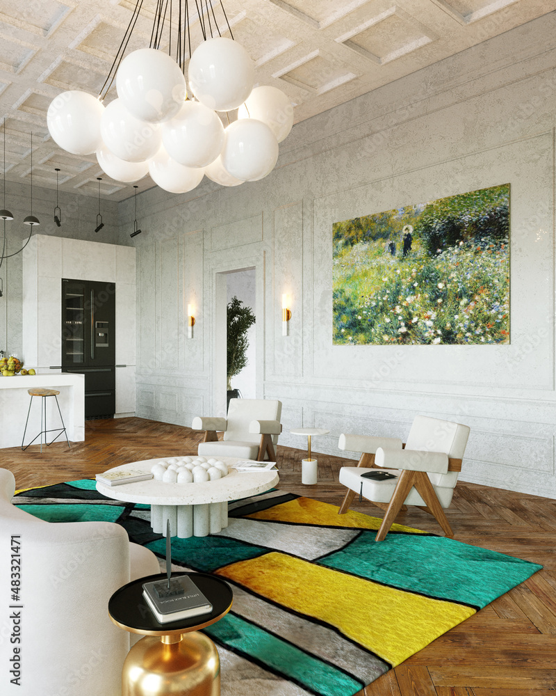 经典客厅公寓设计。3D渲染。室内可视化。插图。