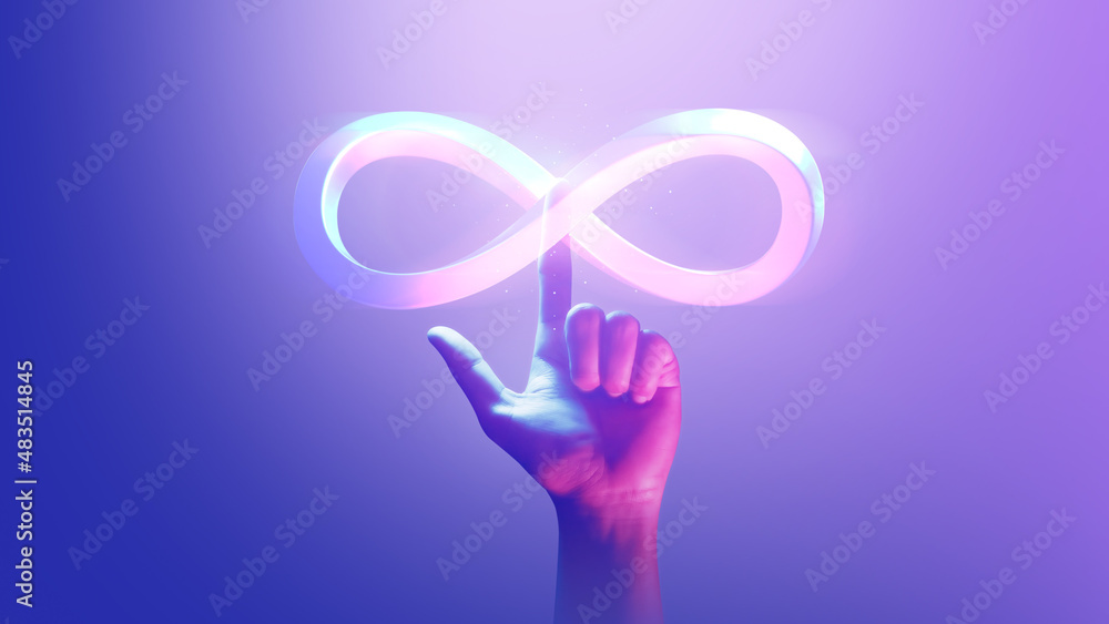 Hand pointing endless infinity sign of virtual reality metaverse digital innovation game or internet