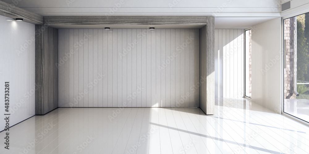 Refurbished Cottage Attic Designed in White With Wooden Elements - panoramic 3D Visualization