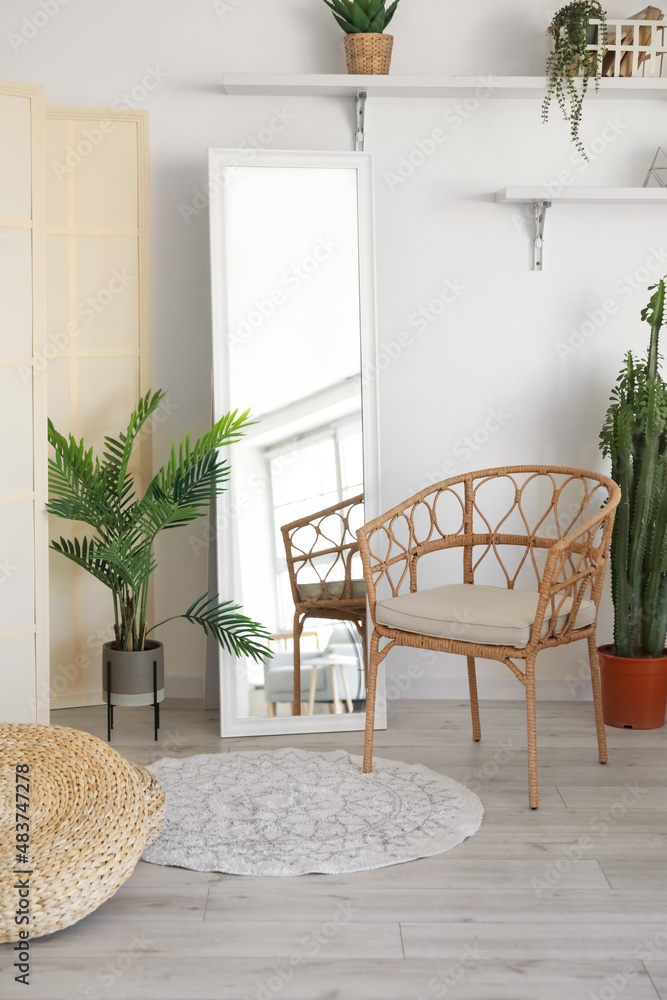 带镜子的柳条椅和靠近光墙的室内植物