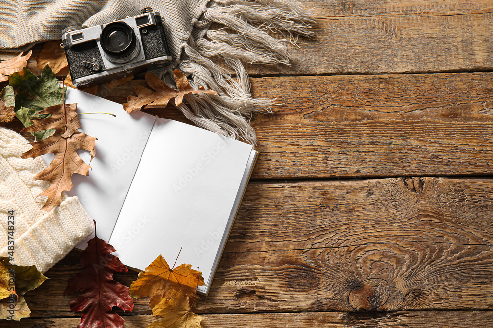 空白的书，温暖的帽子，相机和木制背景的秋季装饰
