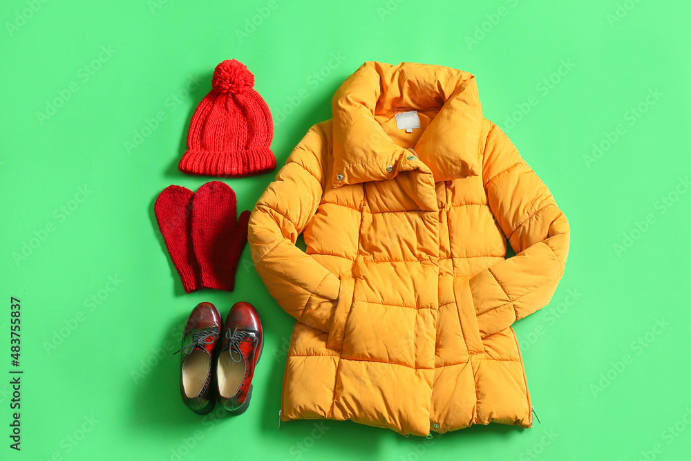 绿色背景的冬季夹克、帽子、手套和鞋子