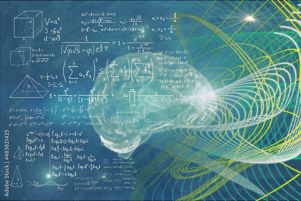 Abstract blue brain background with mathematical formulas. Mind concept. 3D Rendering.