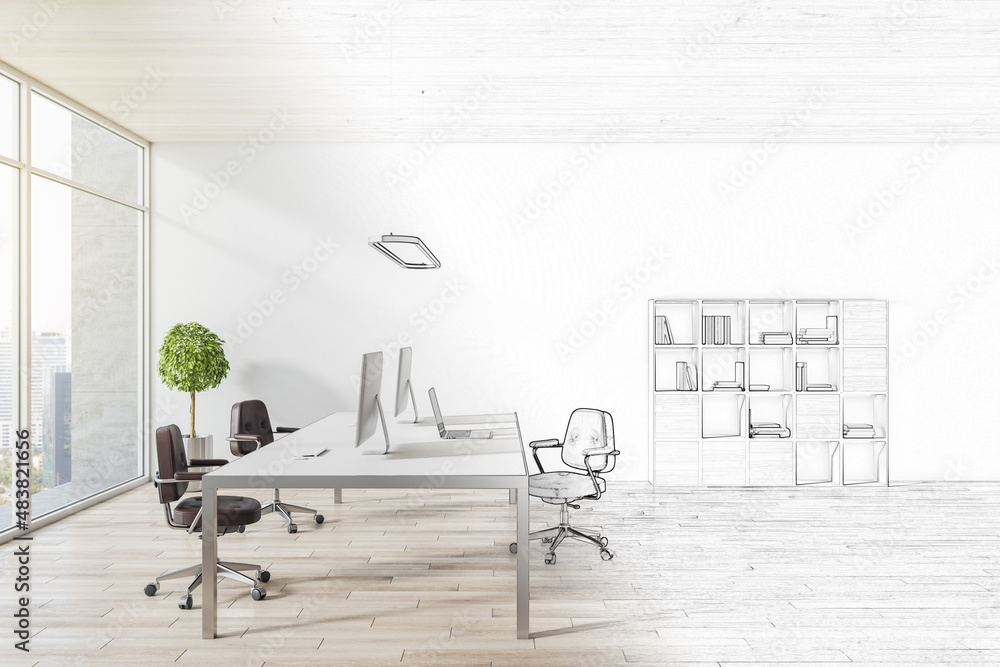 Sketch of modern concrete office interior with wooden flooring and ceiling, equipment, furniture and