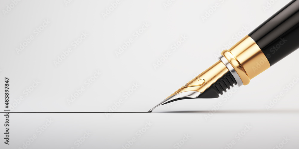 金色钢笔在白纸上画出一条直线。3d渲染