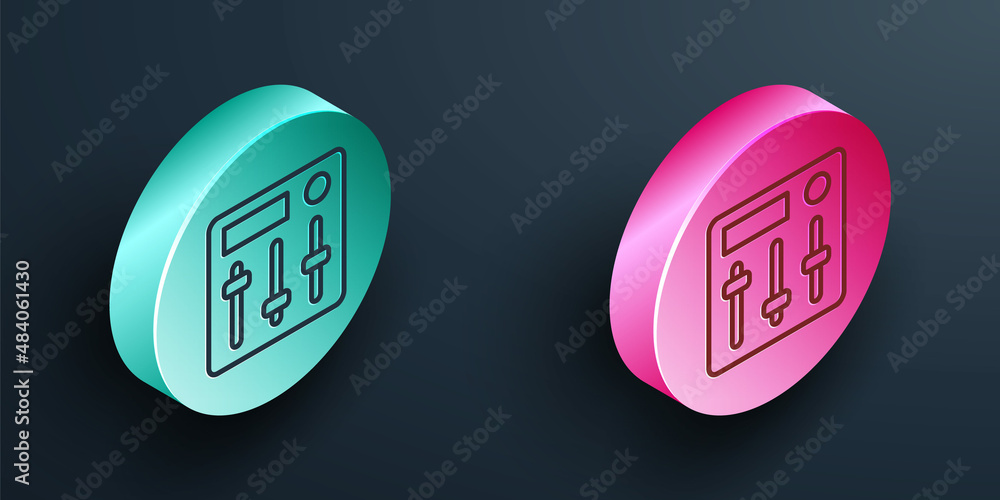 Isometric line Sound mixer controller icon isolated on black background. Dj equipment slider buttons