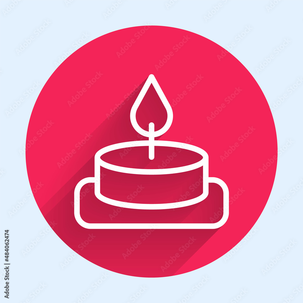 White line Aroma candle icon isolated with long shadow background. Red circle button. Vector
