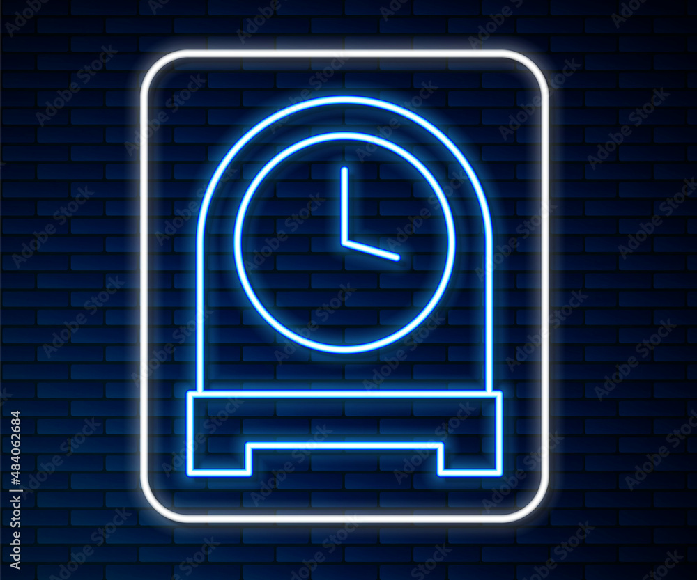 Glowing neon line Antique clock icon isolated on brick wall background. Vector