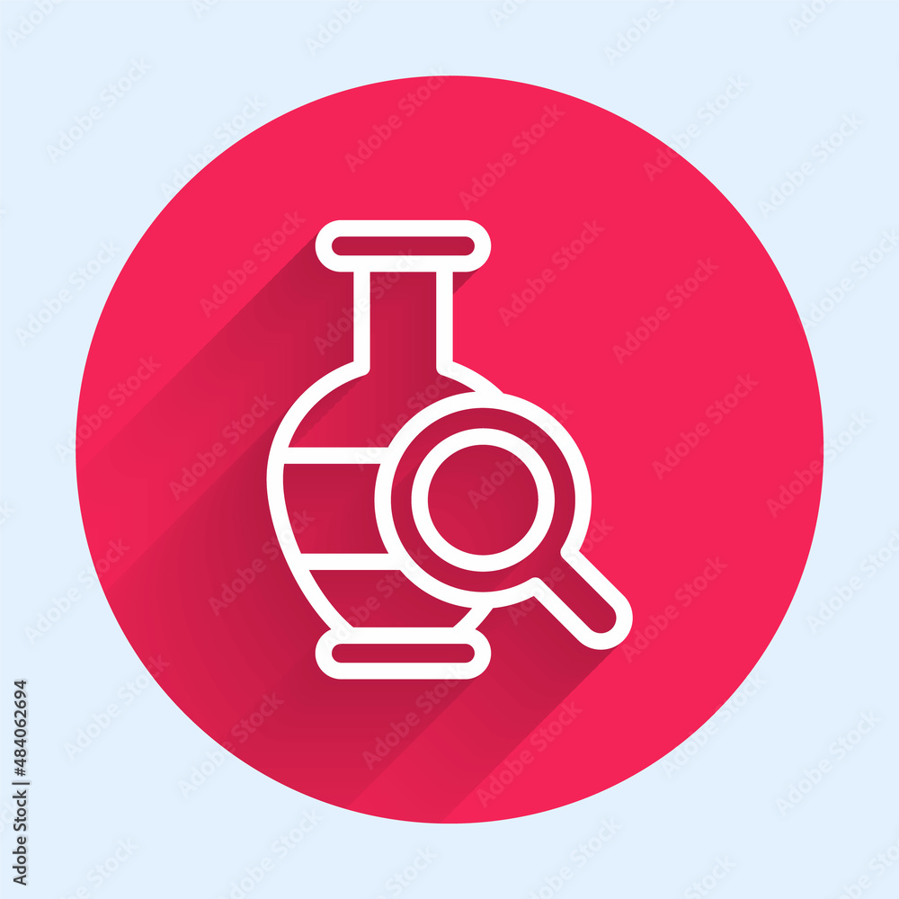 White line Ancient amphorae icon isolated with long shadow background. Red circle button. Vector