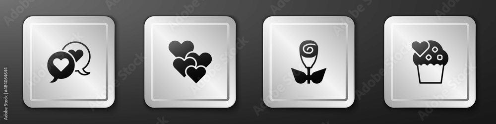 Set Heart in speech bubble, Flower rose and Wedding cake icon. Silver square button. Vector