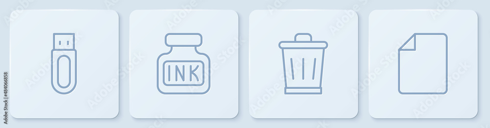 Set line USB flash drive, Trash can, Inkwell and File document. White square button. Vector