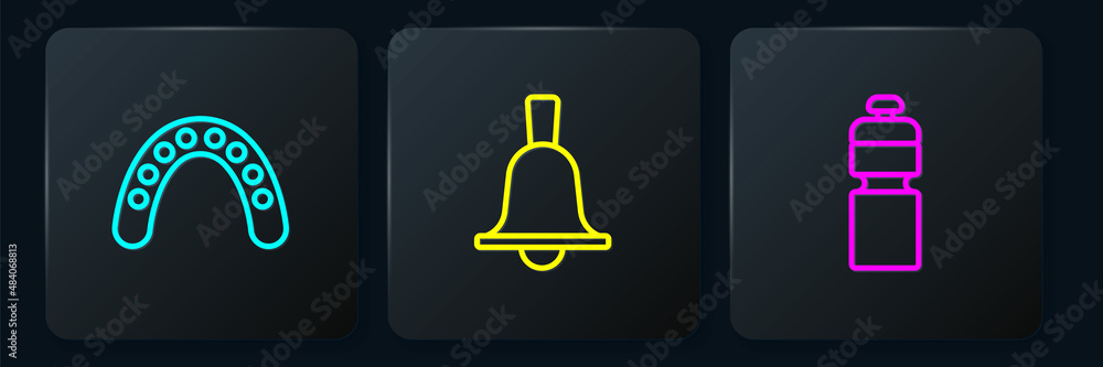 Set line Mouth guard boxer, Fitness shaker and Boxing bell. Black square button. Vector