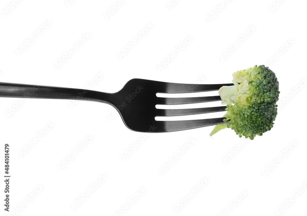 Fork with fresh broccoli isolated on white background