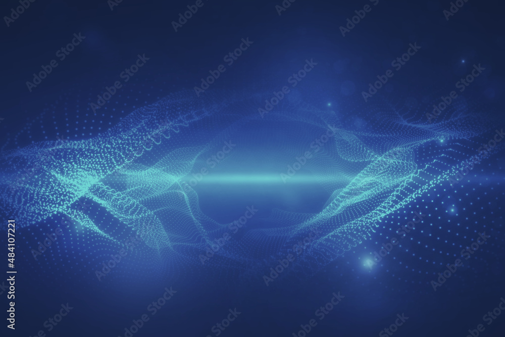 Creative digital blue wave interface on blurry wallpaper. Technology and AI concept. 3D Rendering.