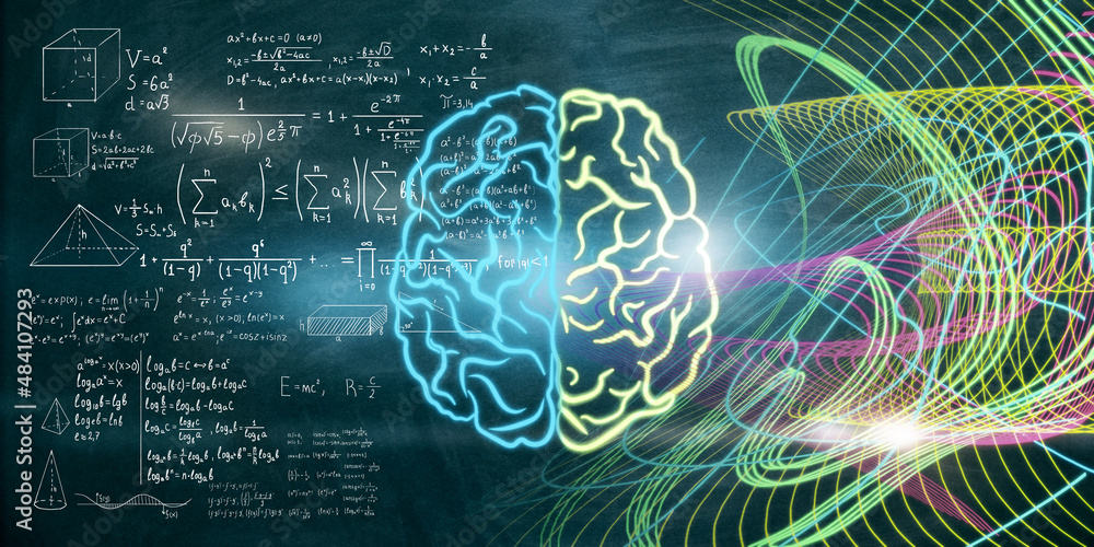 Abstract colorful brain background with mathematical formulas. Mind concept. 3D Rendering.