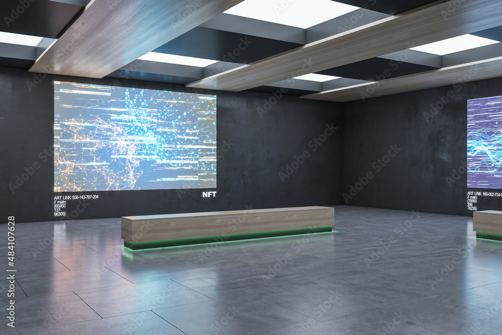 带发光多边形NFT全息图的混凝土展览中心。技术、商业和货币公司