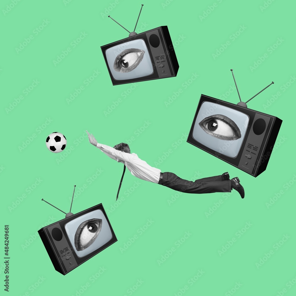 男人跳上复古电视机。现代设计，当代艺术拼贴。杂志风格，商业和