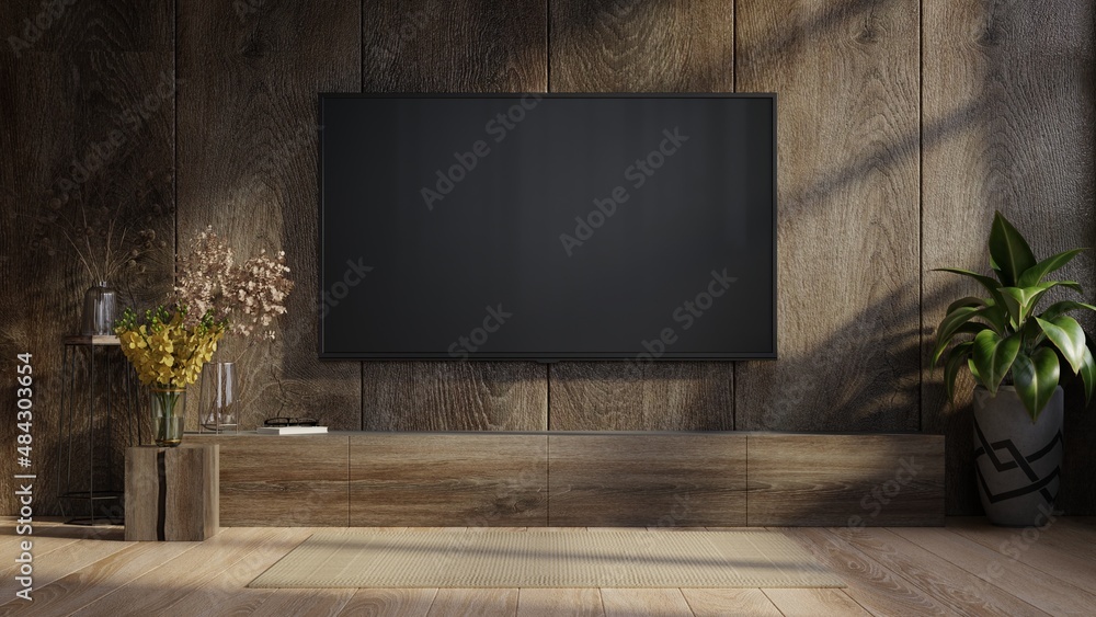 现代客厅的电视，木质墙壁背景装饰。