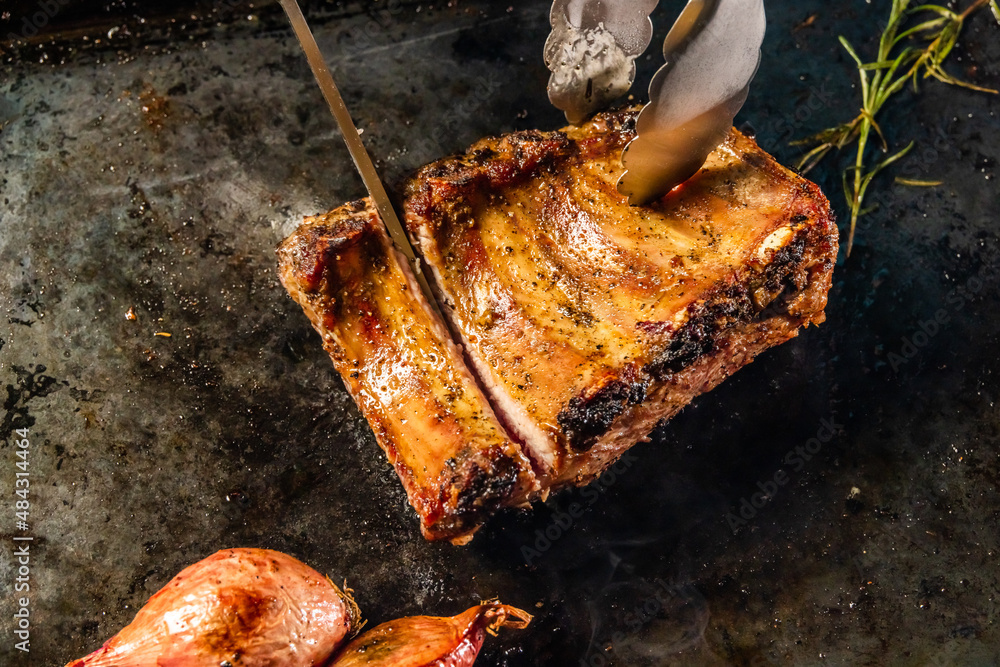 リブステーキ　grilled pork rib steak at an outdoor 
