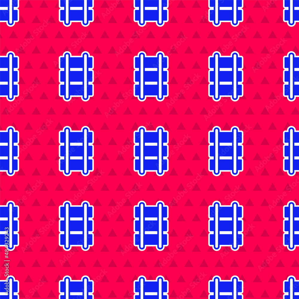 Blue Toy railway, railroad track icon isolated seamless pattern on red background. Vector