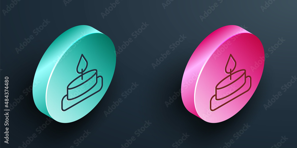 等距线黑色背景上隔离的芳香蜡烛图标。绿松石和粉色圆形按钮。Vec