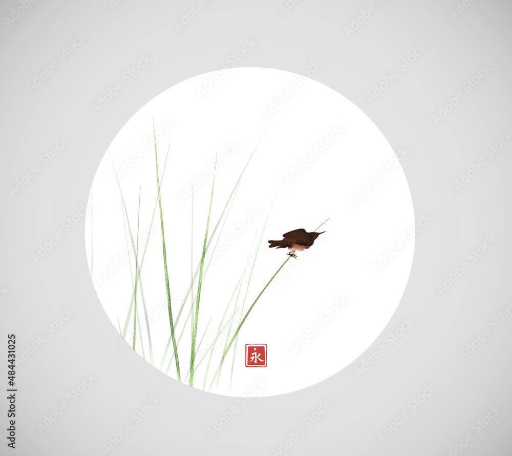 Bird sitting on reed grass stem in white circle on grey background. Traditional oriental ink paintin