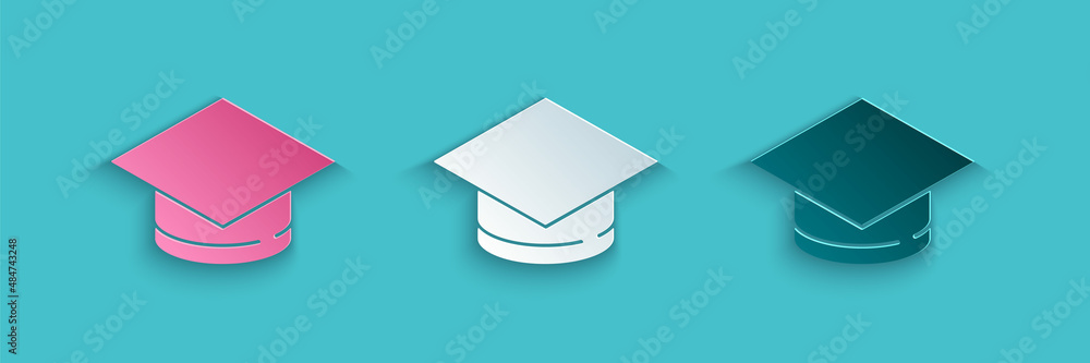 蓝色背景上隔离的剪纸毕业帽图标。带流苏图标的毕业帽。纸ar
