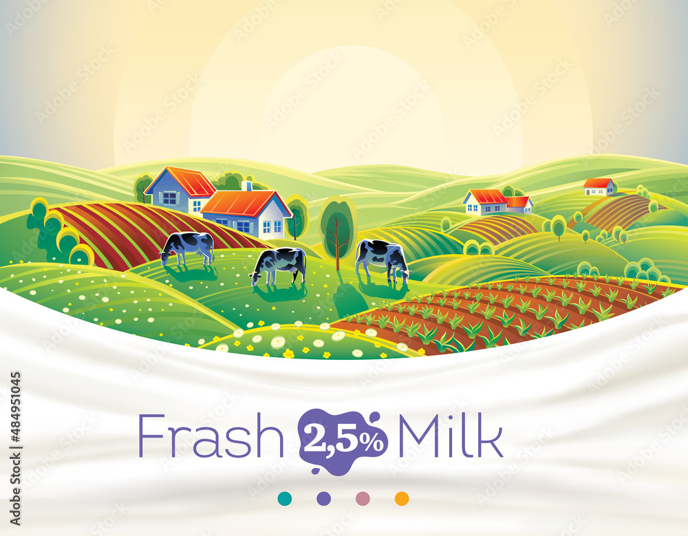 乡村早晨的风景，一群奶牛和飞溅的牛奶。矢量插图。