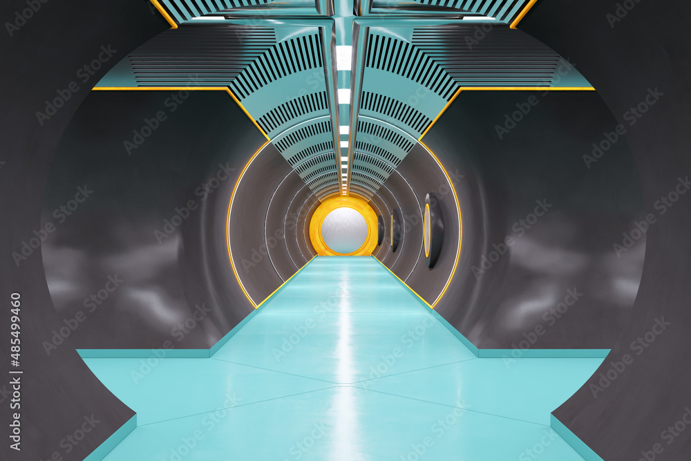 富有创意的深色混凝土和蓝色隧道内部。未来主义的宇宙飞船设计理念。3D渲染。