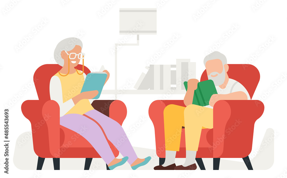 Senior readers. Old couple reading books and sitting in armchairs
