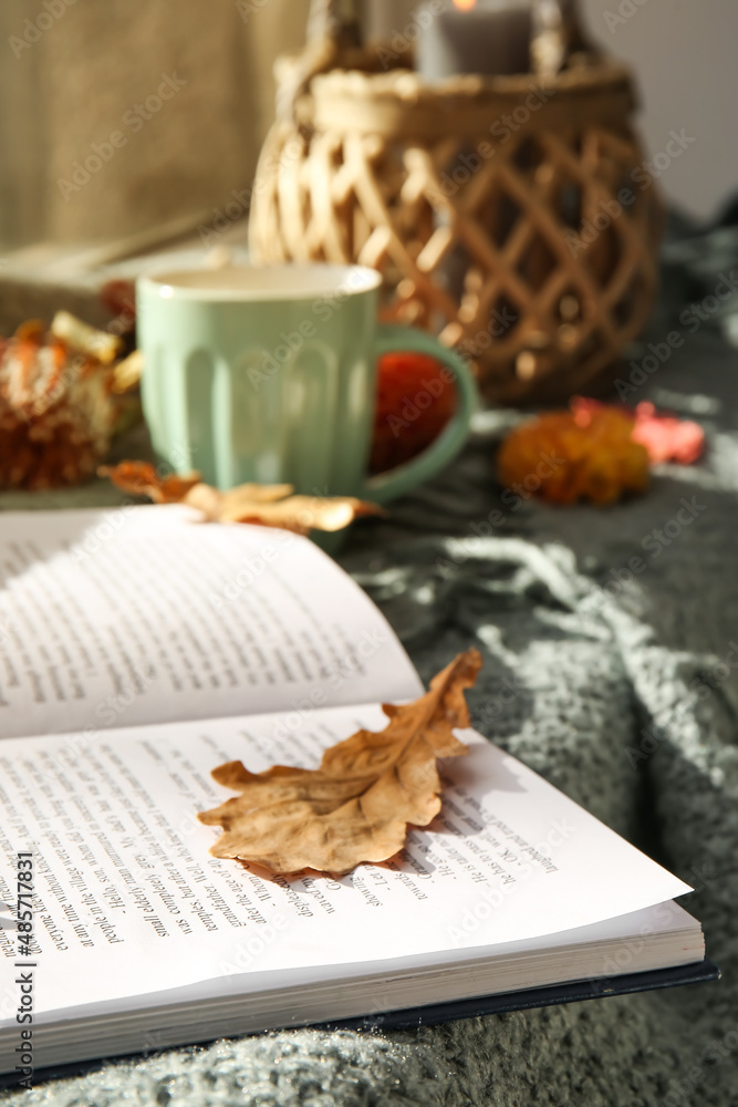 Book and autumn decor on plaid, closeup