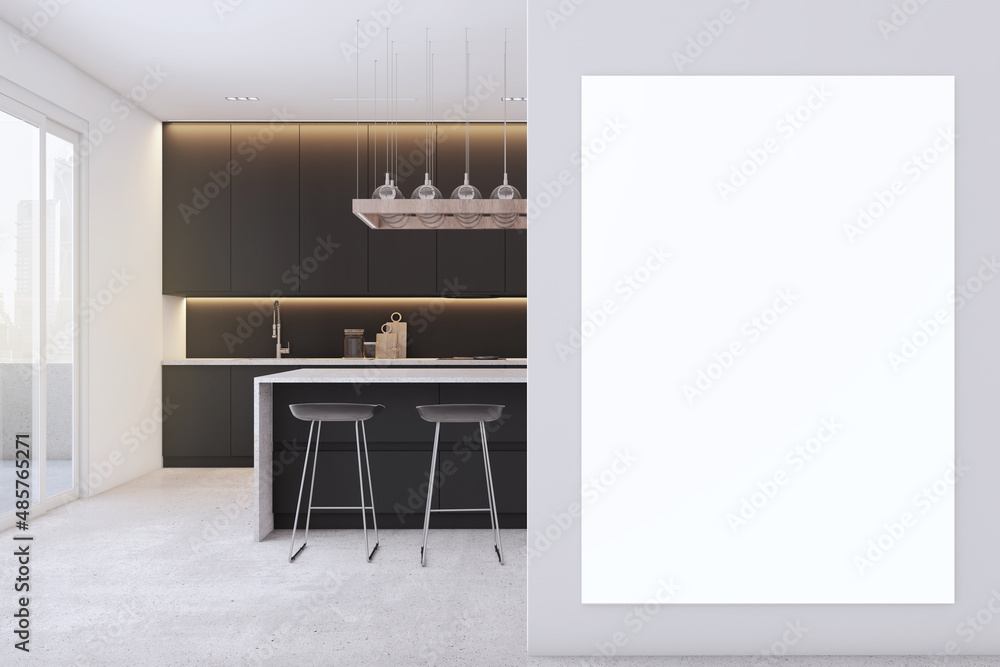 现代黑色混凝土厨房内部，带空白白色实体框架、岛、家具和设备